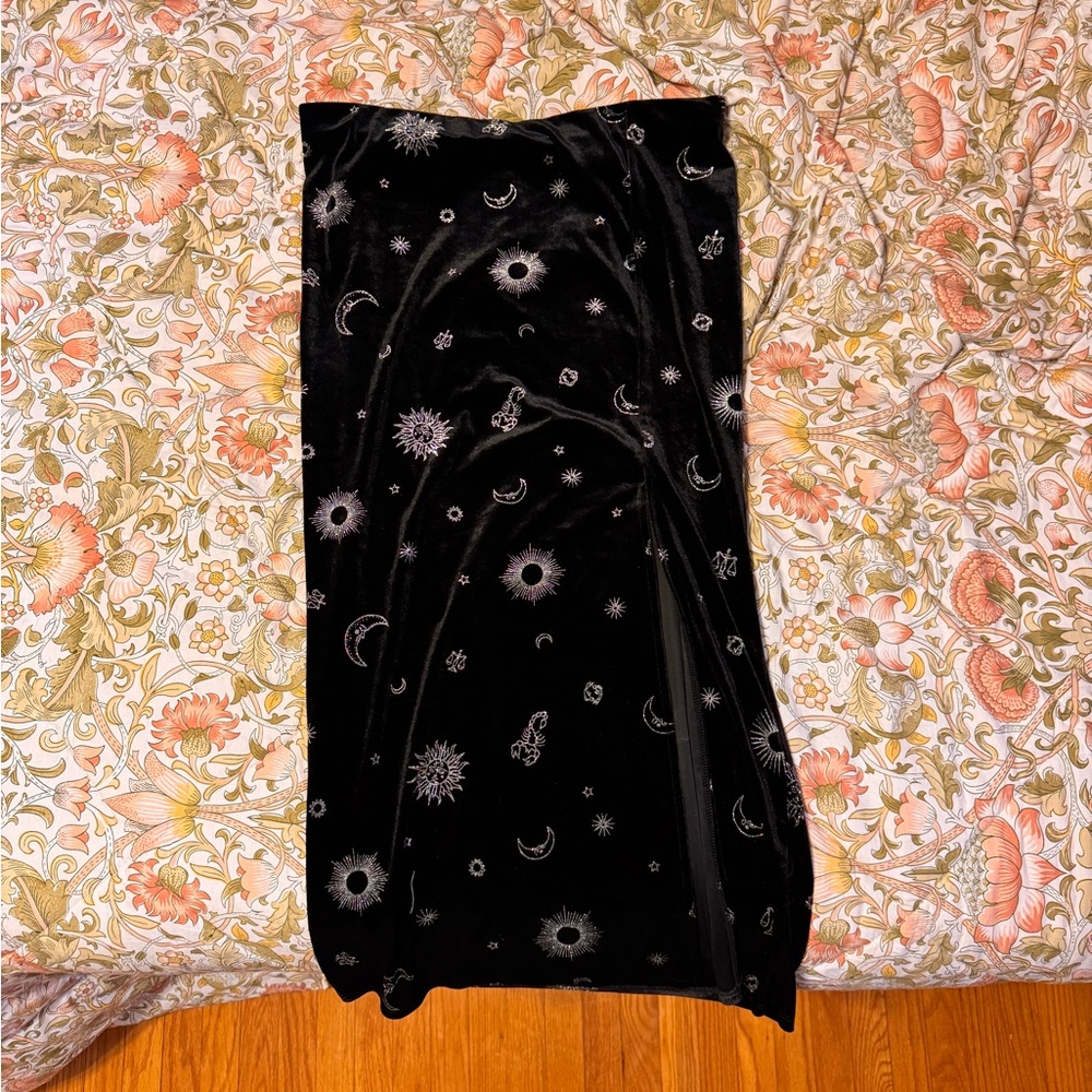 Whimsigoth Black Velvet Midi Skirt with Stars and Moons